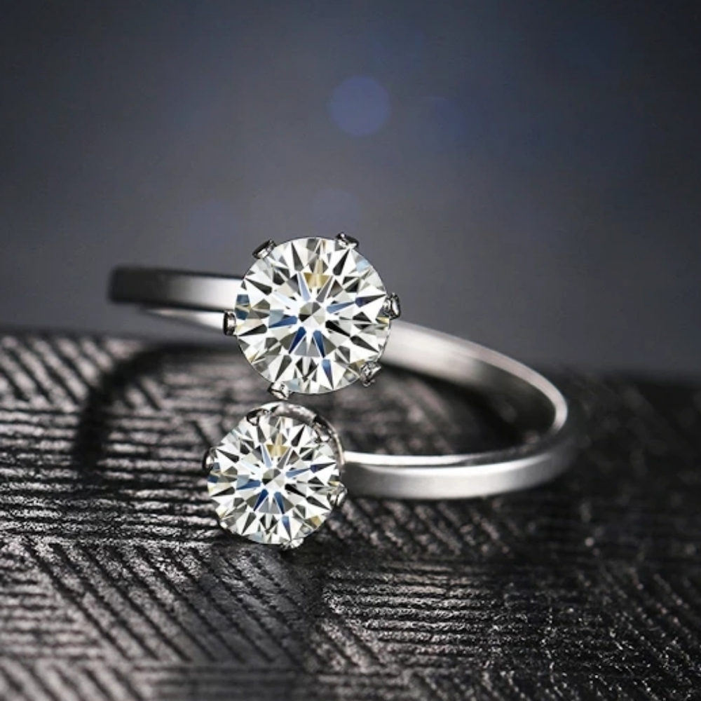 Silver Adjustable Two Stone Zircon Ring Unique Nwt - image 3